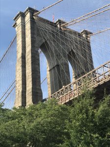 Brooklyn Bridge with trees in the foreground.