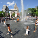 kids playing in fountain